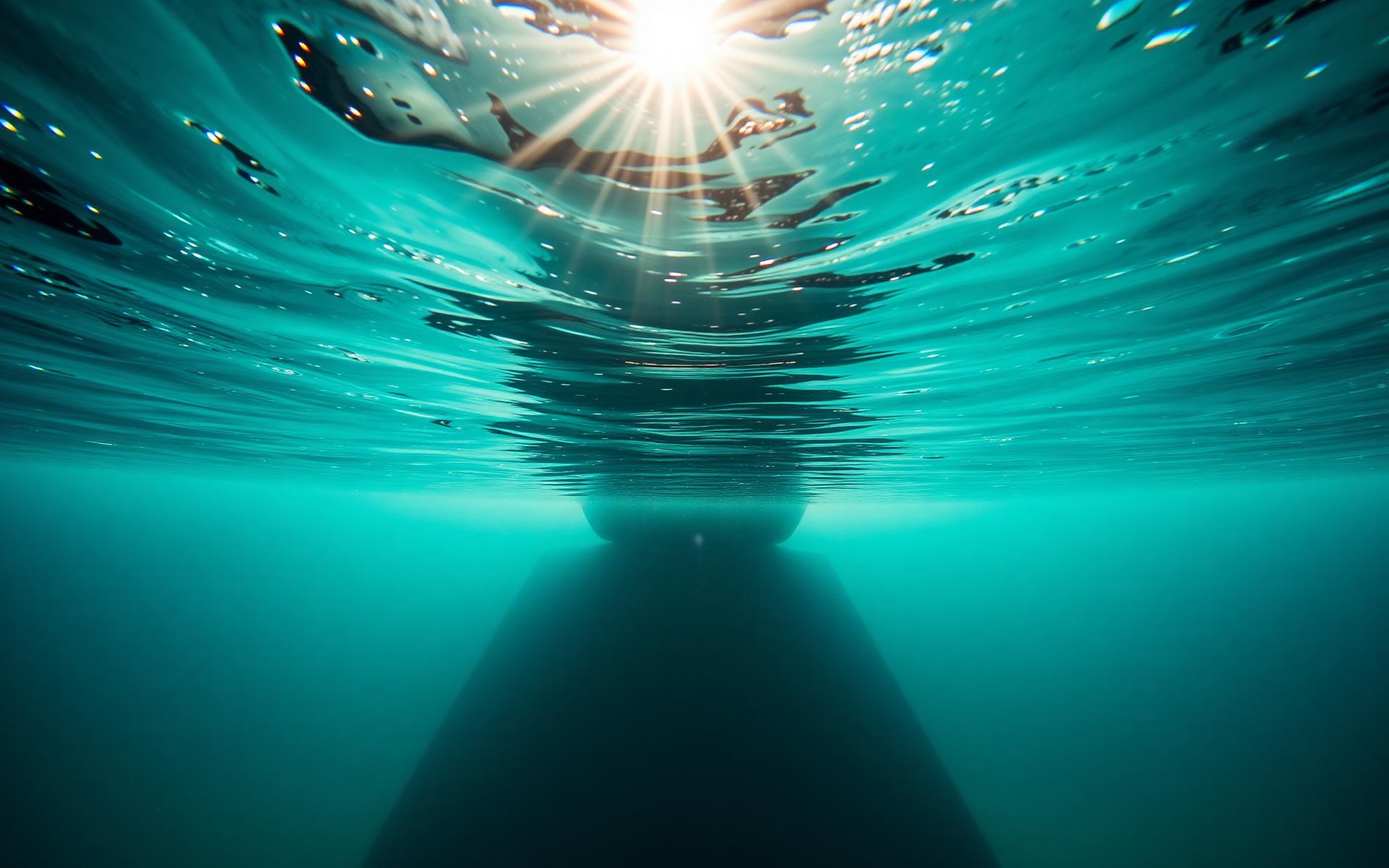 Underwater view looking up at a ship hull